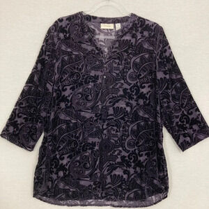 Chico's Black Purple Velvet Burnt Out‎ 3/4 Sleeve Stretch Popover Top Large/2